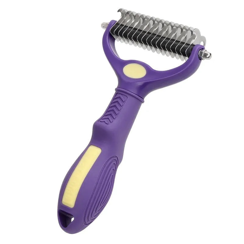 Purple double-sided plastic comb for untying knots in dog fur.