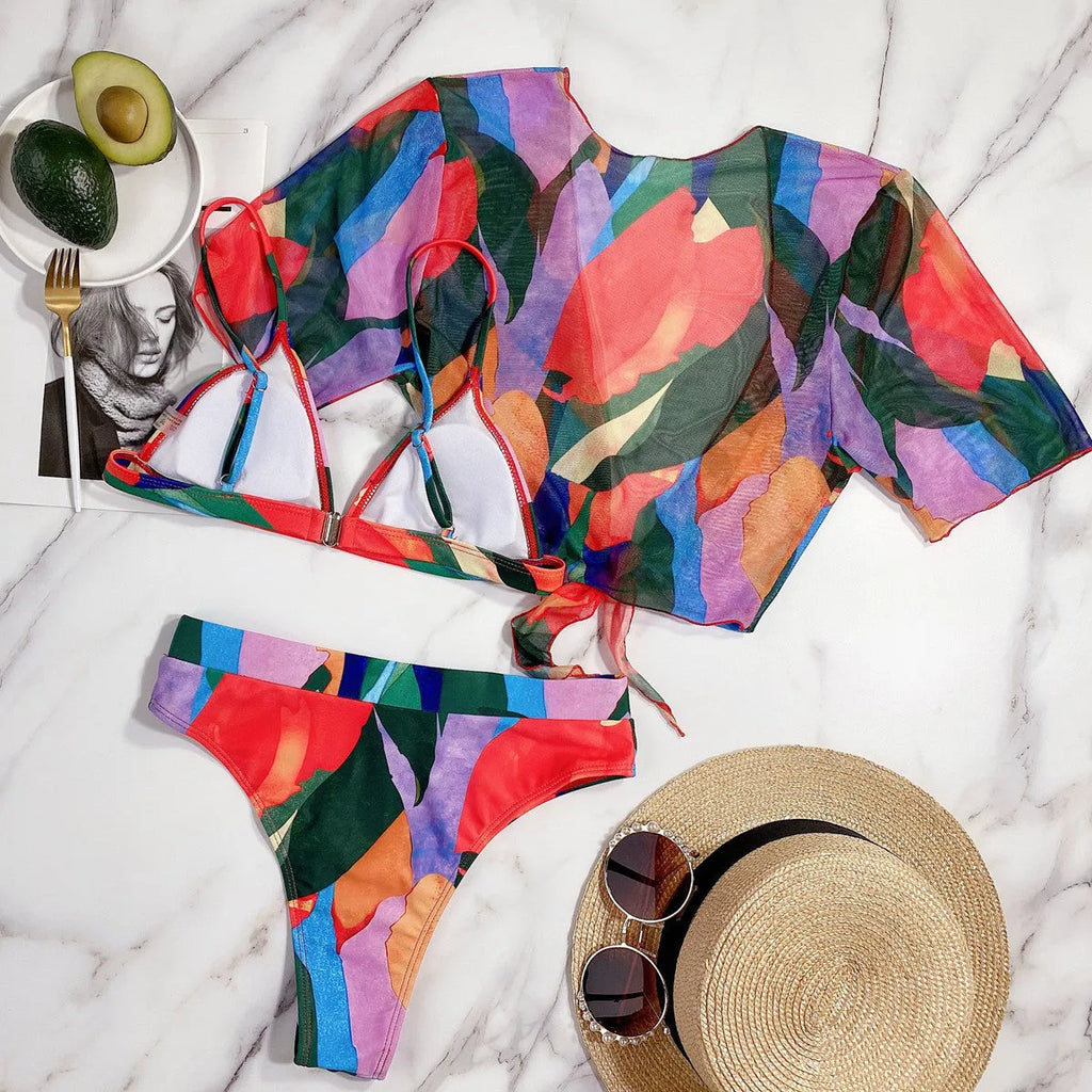 Red women's split swimsuit with skirt design and American print pattern for swimming