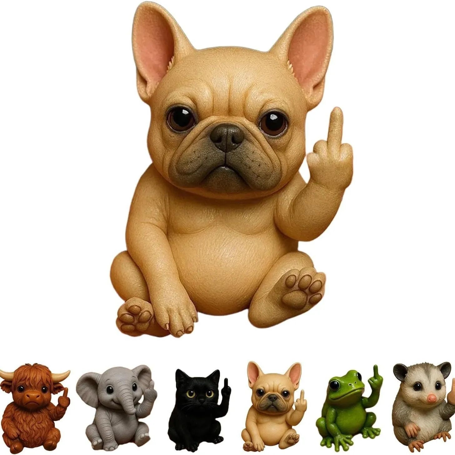 Resin animal vertical middle finger doll ornament in one of seven styles: cat, dog, elephant, frog, Highland cattle, mouse, or turtle.