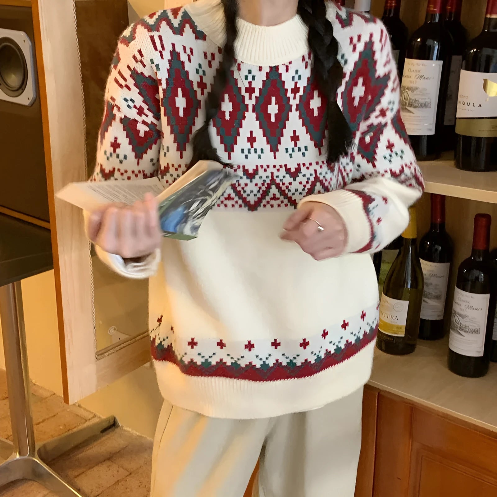 Red and white striped retro pullover knitted top with long sleeves