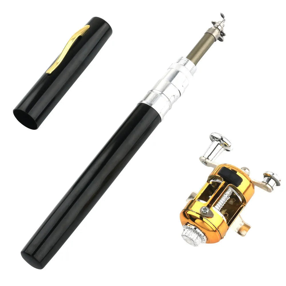 Compact telescopic pen fishing rod kit with gold ST5RL reel, collapsed to 20.5 cm length.