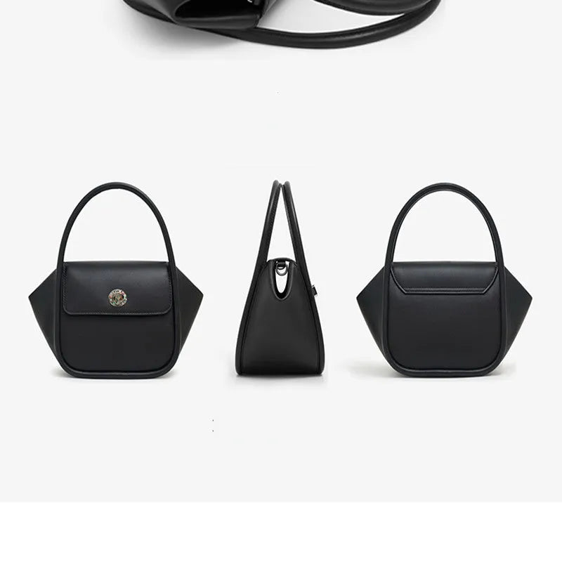 Wing-shaped women's leather handbag with latch closure and cross-body strap in available colours.