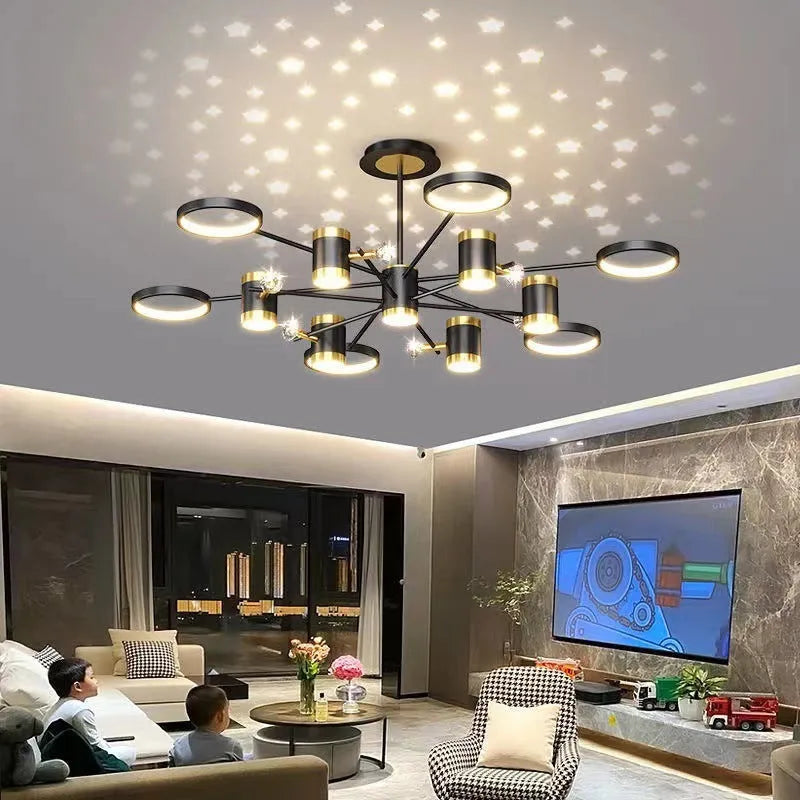 Black iron pendant chandelier with 13 lamp heads and a remote control.
