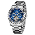 Men's automatic mechanical watch with stainless steel strap on wrist, showing blue dial and silver case variant.
