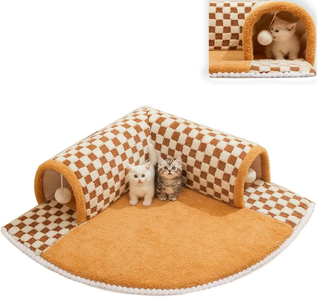 Plush plaid cat tunnel bed with central sleeping mat and non-slip bottom for indoor cats