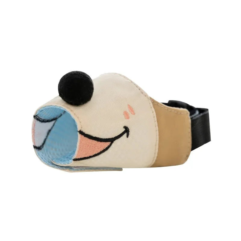 Canvas dog muzzle anti-bite cover shown in Ollie Brown Bear and Bondi Blue Shark colours with weight-based sizing
