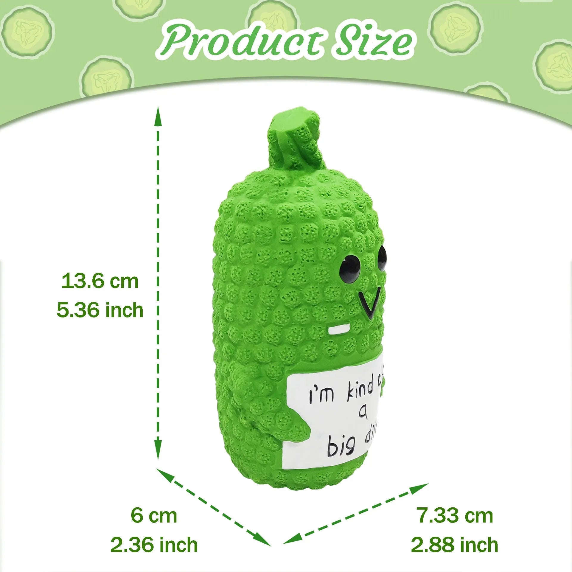 Green pickle-shaped squeaky dog chew toy with textured nubs on natural latex surface