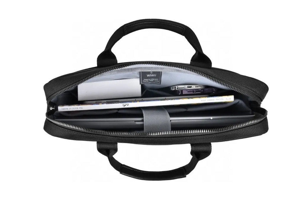 Black Oxford cloth laptop backpack showing multiple organisational pockets and a lock on the front.