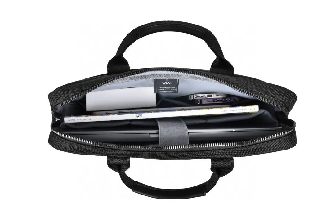 Black Oxford cloth laptop backpack showing multiple organisational pockets and a lock on the front.