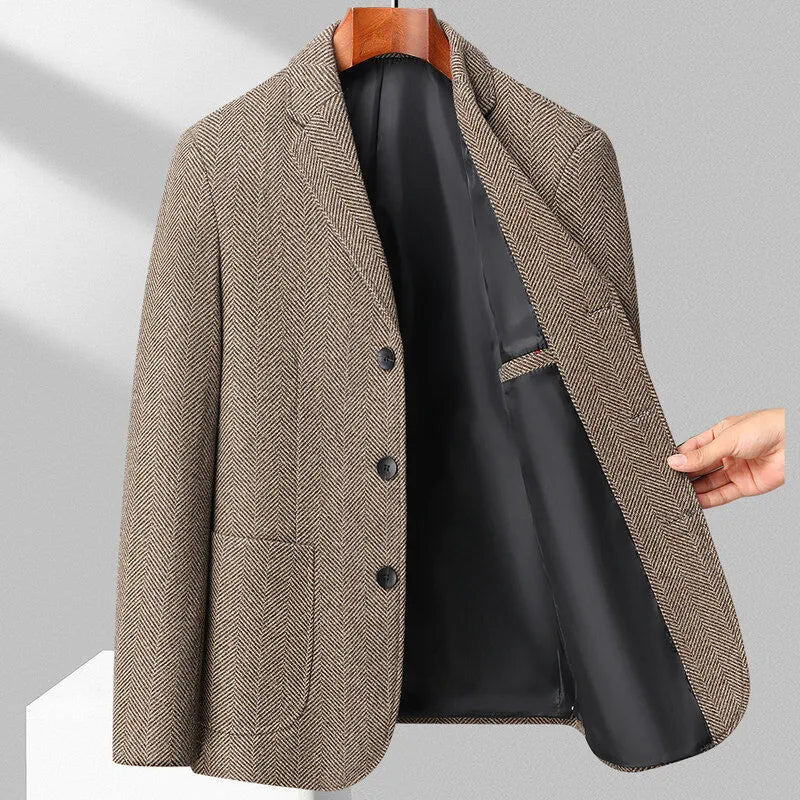 Men's solid colour woolen style coat in a loose fit, shown in black, khaki, grey, or dark blue.
