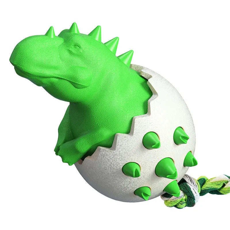 Blue dinosaur-shaped dog chew toy with textured surface and an attached rope for tug-of-war.