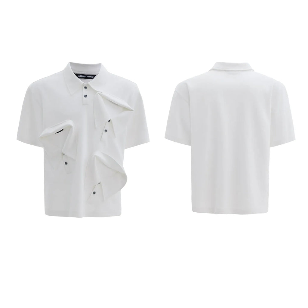 Men's geometric pattern polo shirt with deconstructed collar in loose fit black/grey/white options