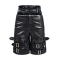 Black men's PU leather casual cropped pants with stretch spandex material showing medium-low waist design