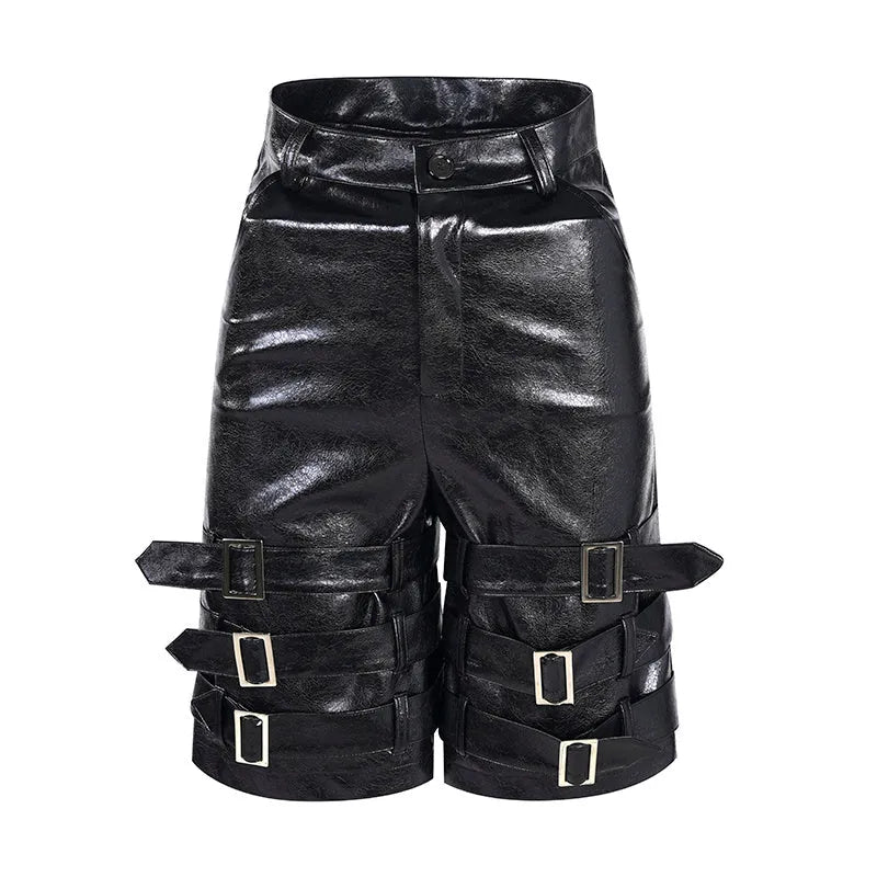 Black men's PU leather casual cropped pants with stretch spandex material showing medium-low waist design