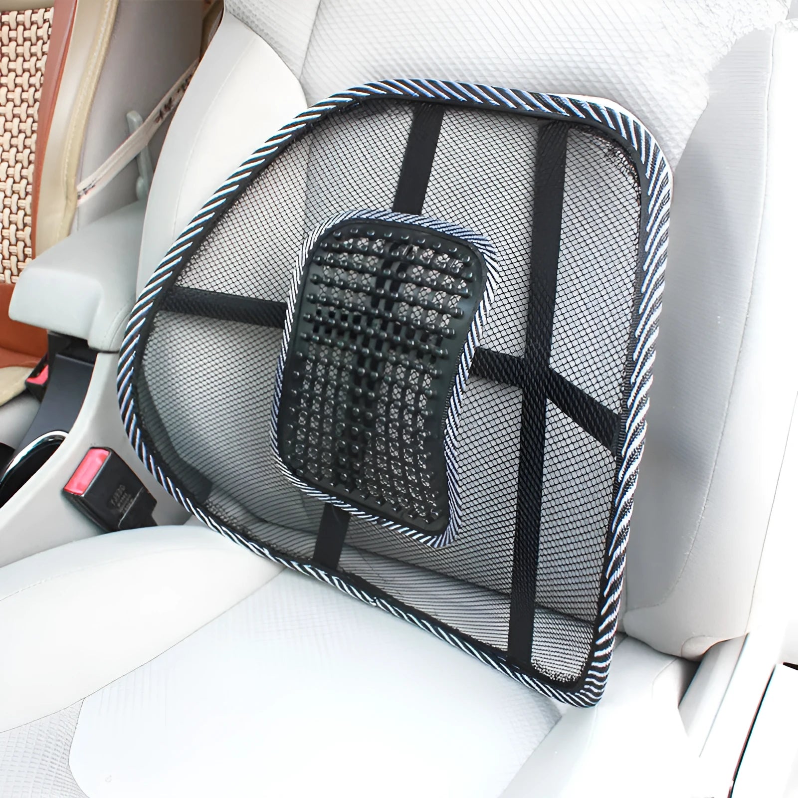 Black leather-textured lumbar support pillow for car seats measuring 41x39 cm