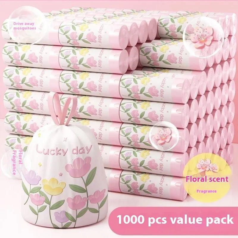 Pink degradable drawstring garbage bag with argy wormwood for mosquito repellent, size 44x48cm.
