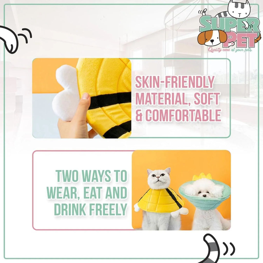 Soft cat cone collar with bee design showing Velcro closure and adjustable sizing