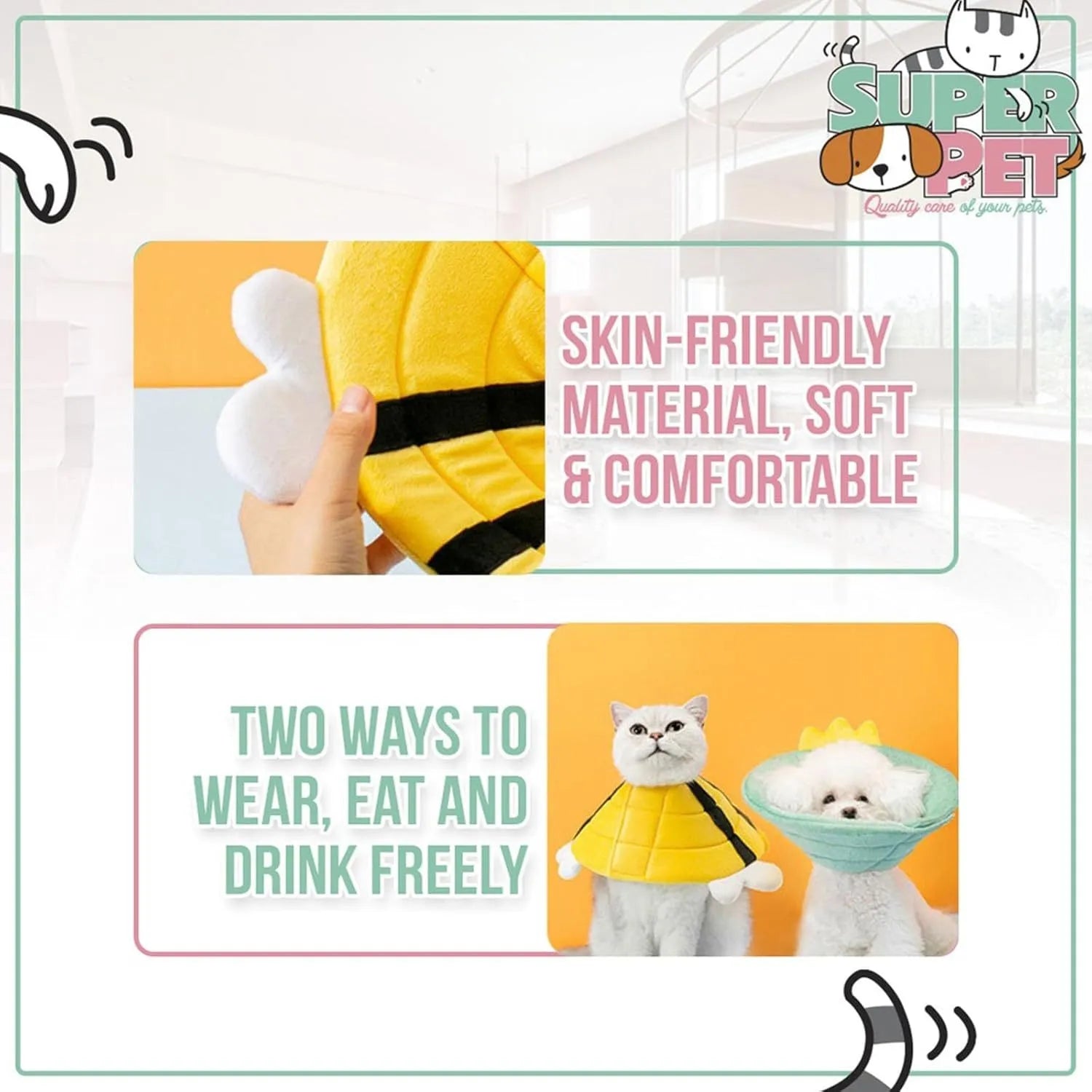 Soft cat cone collar with bee design showing Velcro closure and adjustable sizing