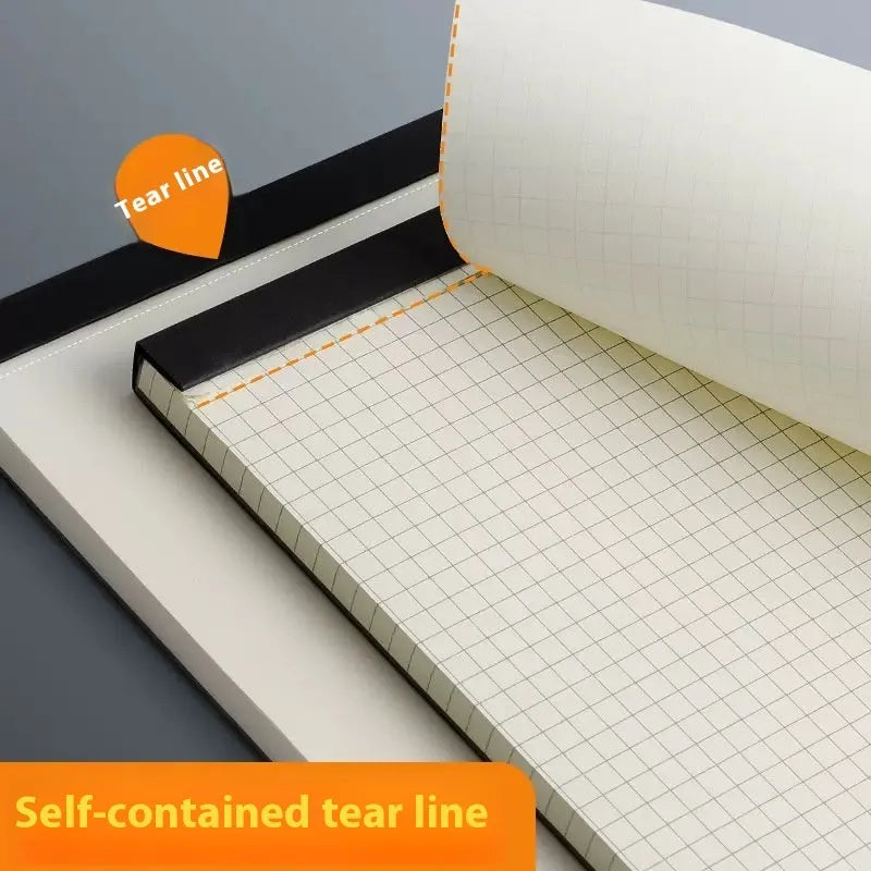 A5, B5, and A4 writing pads with paper covers, showing horizontal line, grid, and blank page ruling styles.
