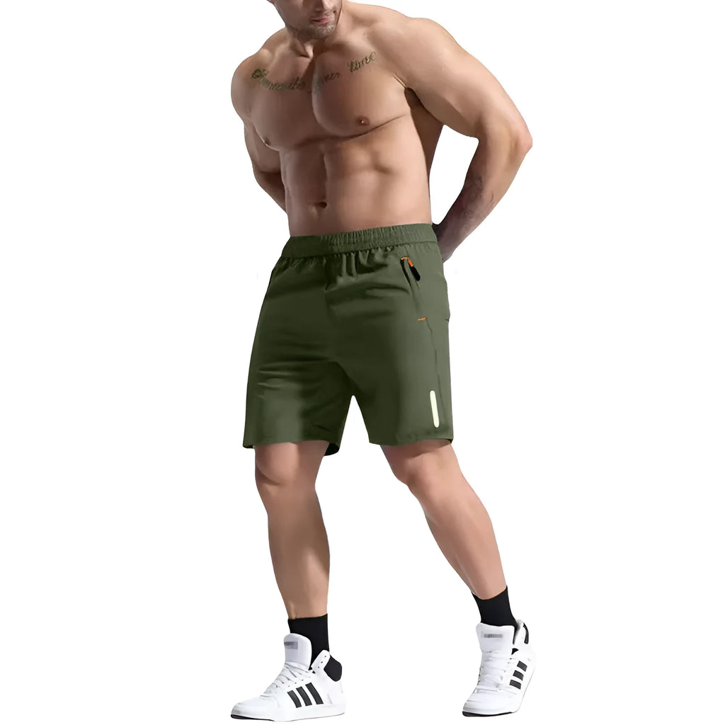 Men's grey sports shorts with an elastic high waist and drawstring, made from bamboo fibre and polyester fabric.