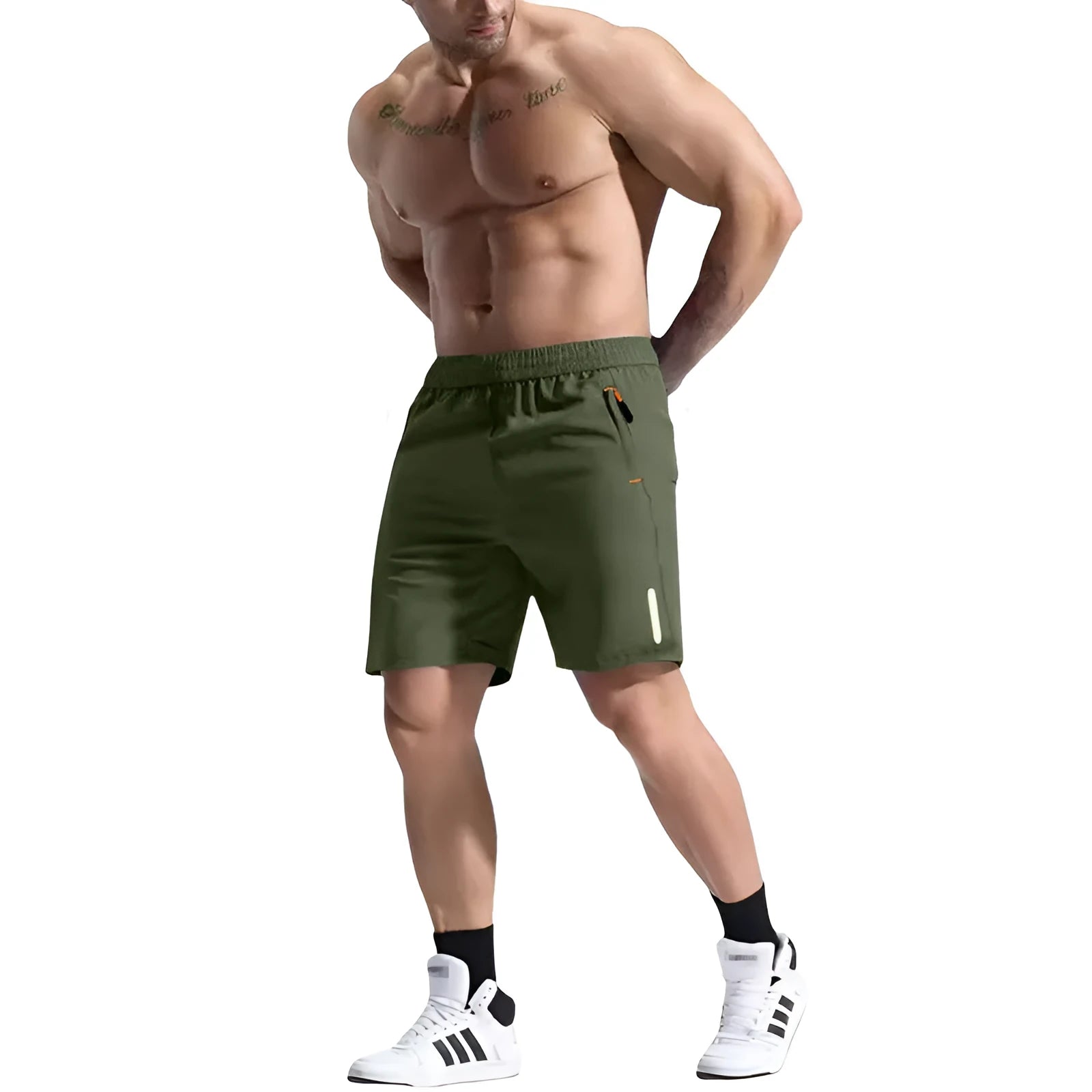 Men's grey sports shorts with an elastic high waist and drawstring, made from bamboo fibre and polyester fabric.