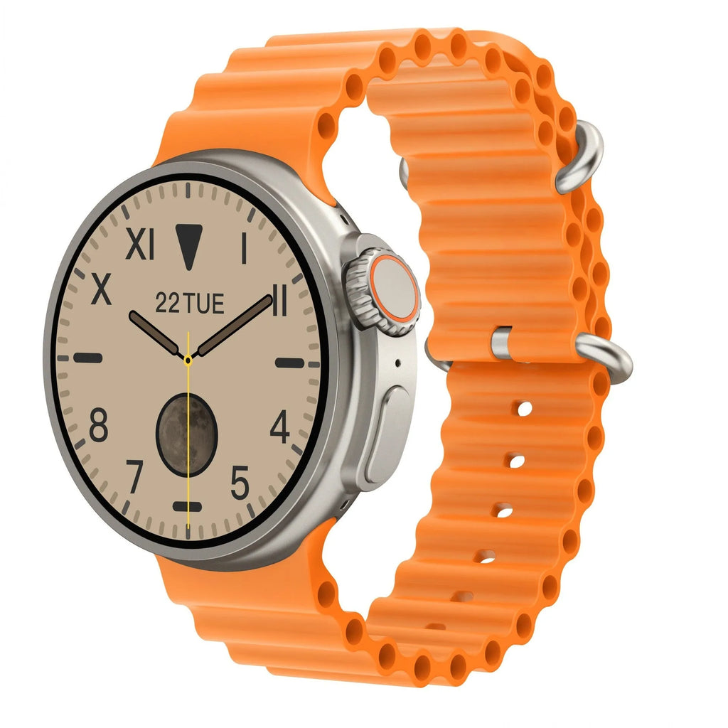 K9 smart watch with black silicone strap and round screen displaying fitness stats.