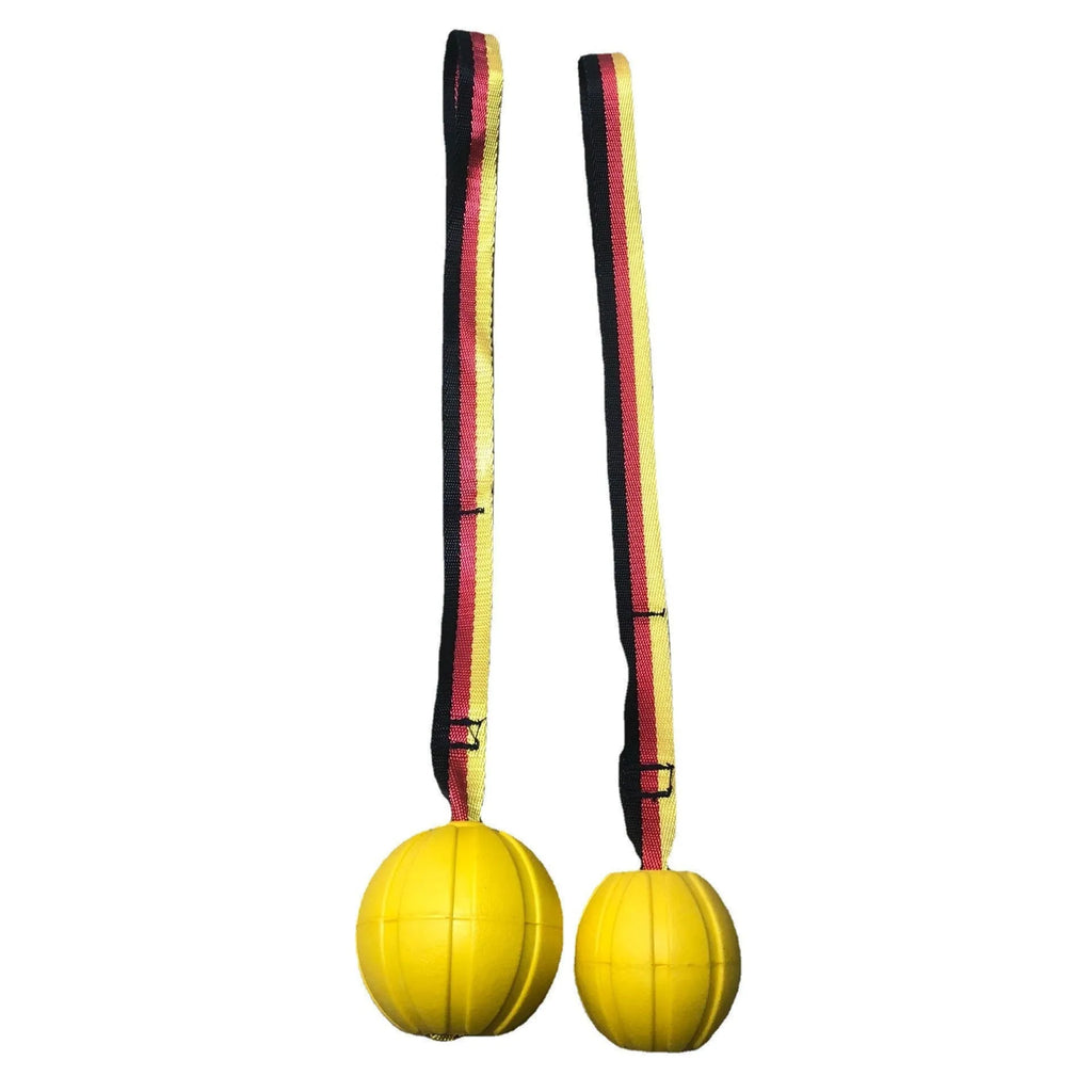 EVA floating dog training ball in camouflage and yellow colours showing three different diameter sizes