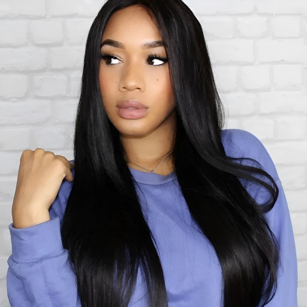 Long straight human hair wig with centre-parted bangs in black colour