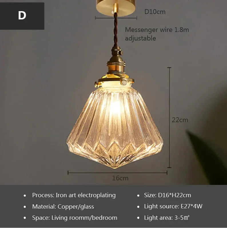 Retro brass and glass ball ceiling chandelier with copper body and spherical shade