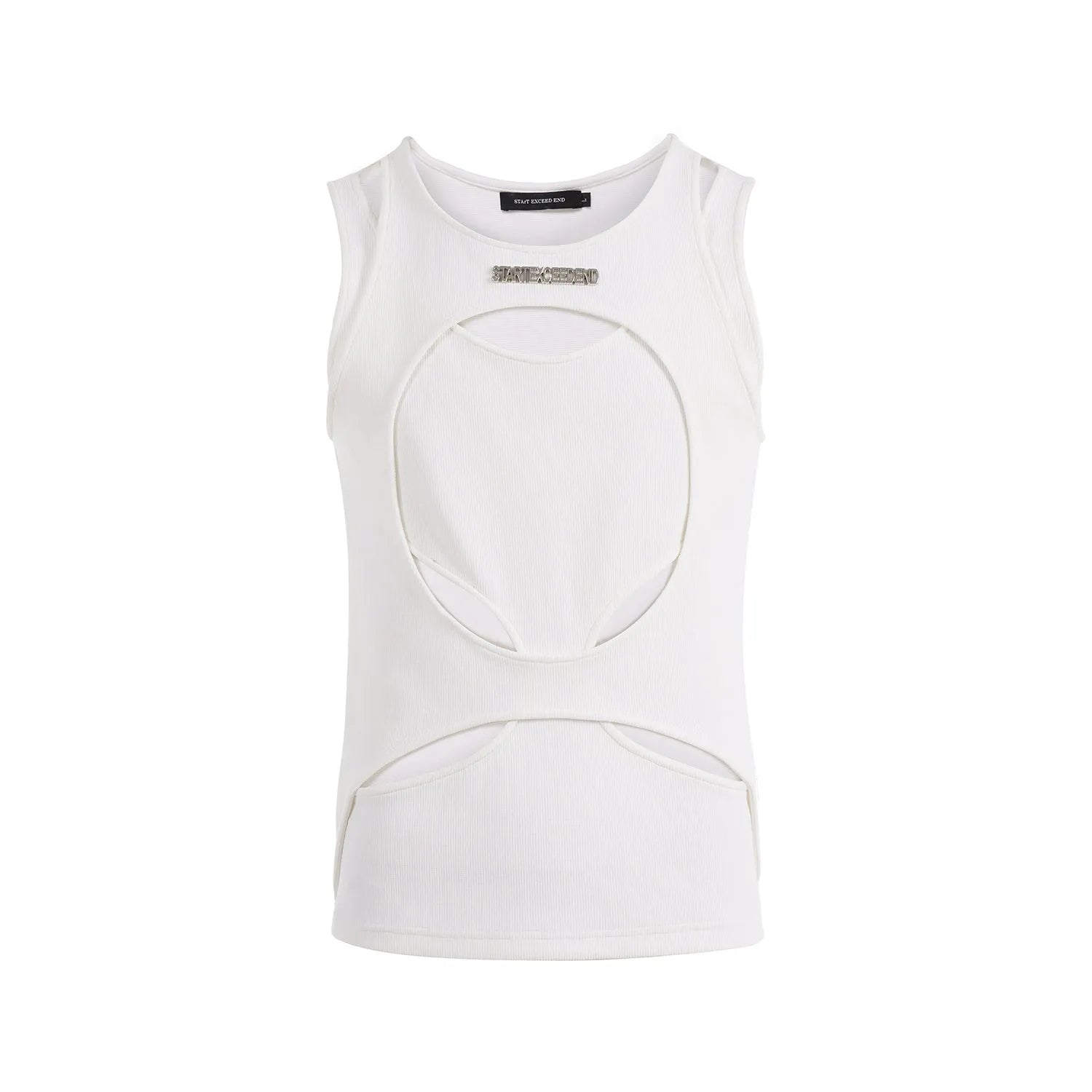 Men's black sleeveless waistcoat with hollow knit construction and round neckline