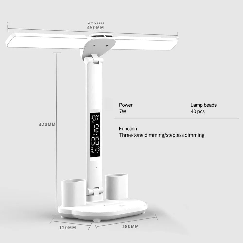 White LED desk lamp with built-in calendar and pen holder, touch control, USB powered, on a modern desk