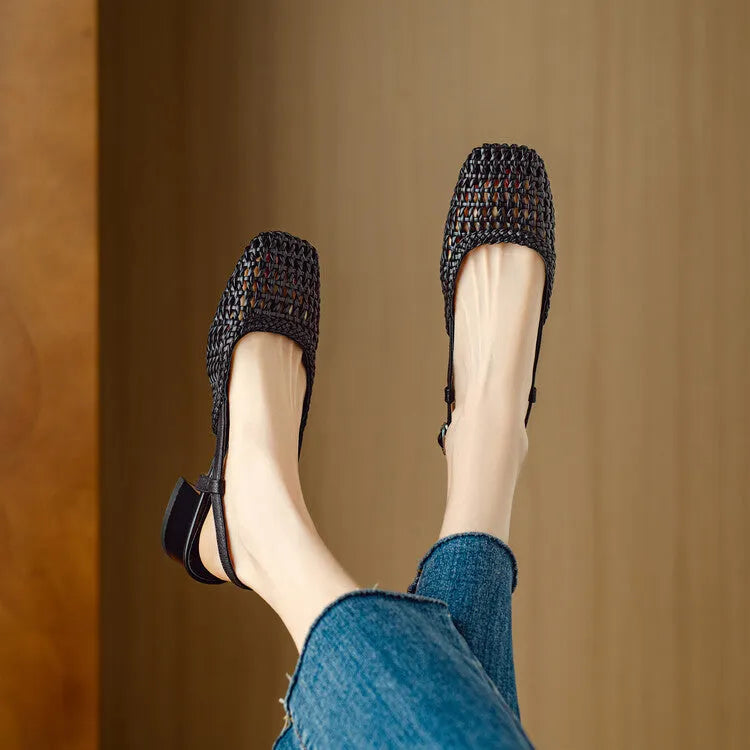 Women's beige woven hollow-out sandals with closed toe, chunky 4cm heel, and ankle buckle strap on a white background.