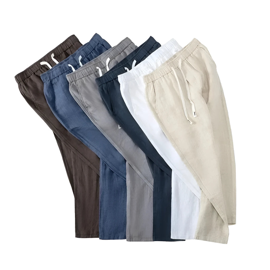 Pure linen straight leg trousers with a drawstring elastic waist in multiple colours