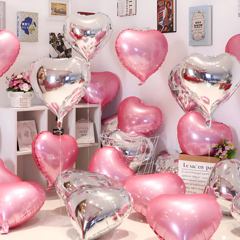 Set of five peach heart shaped aluminum foil balloons in metallic colours