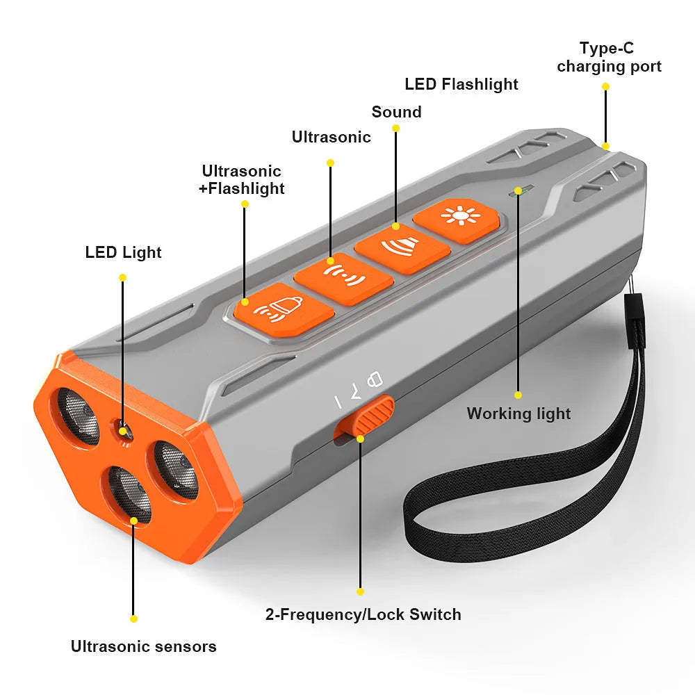 Three-head ultrasonic dog trainer in black and orange colour on a grey background.