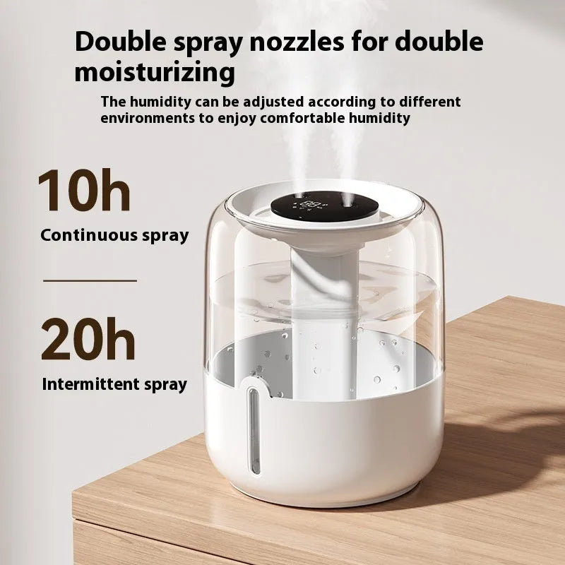Beige round USB-powered humidifier with dual spray nozzles, night light, and display panel.