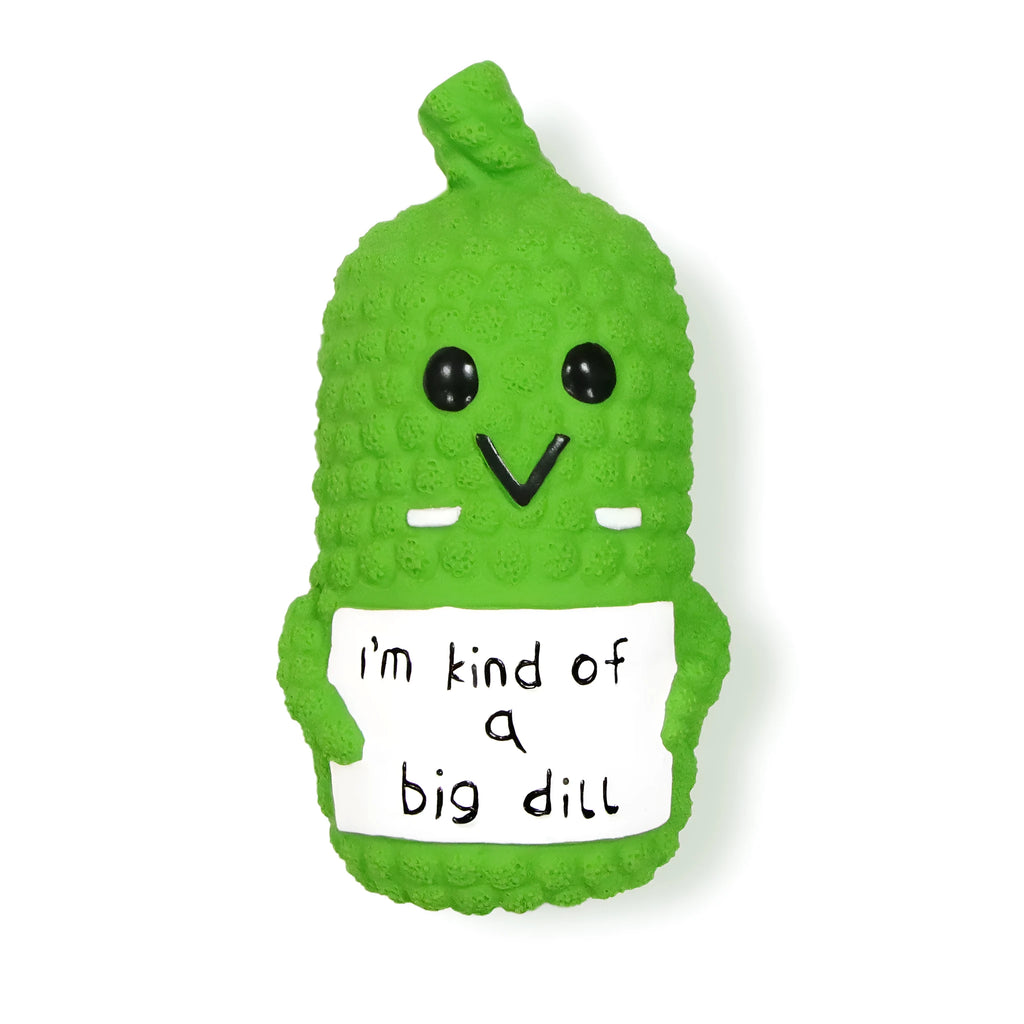 Green pickle-shaped squeaky dog chew toy with textured nubs on natural latex surface
