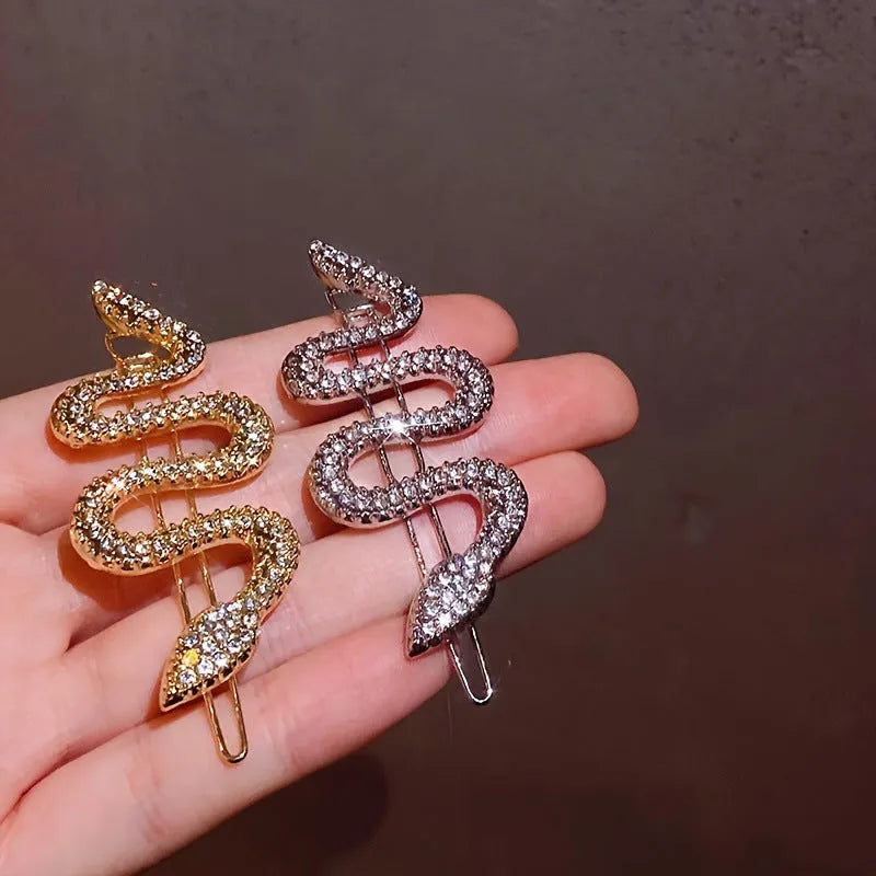 Vintage snake hair barrette with rhinestone detailing in gold and silver colour options