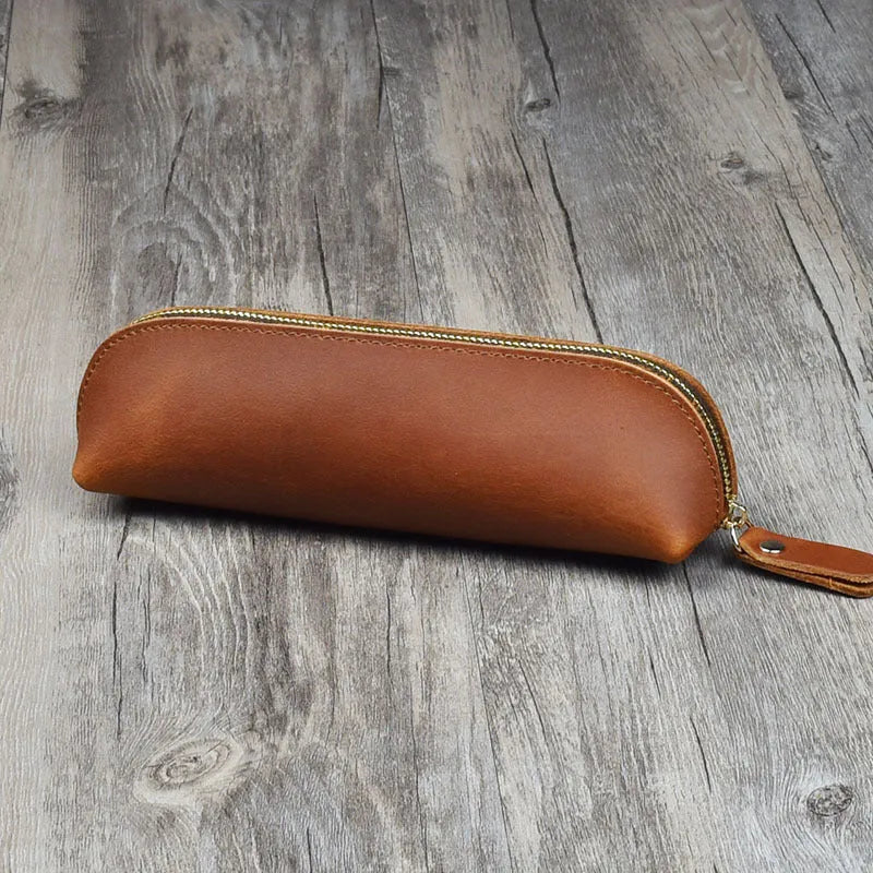 Handmade square leather pencil and glasses case with zipper closure in four colour options