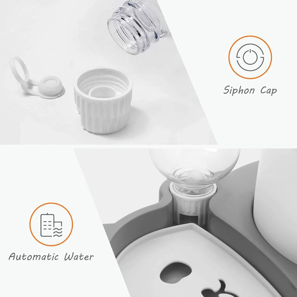Grey panda-shaped tilted pet bowl set with automatic water bottle and stainless steel bowls