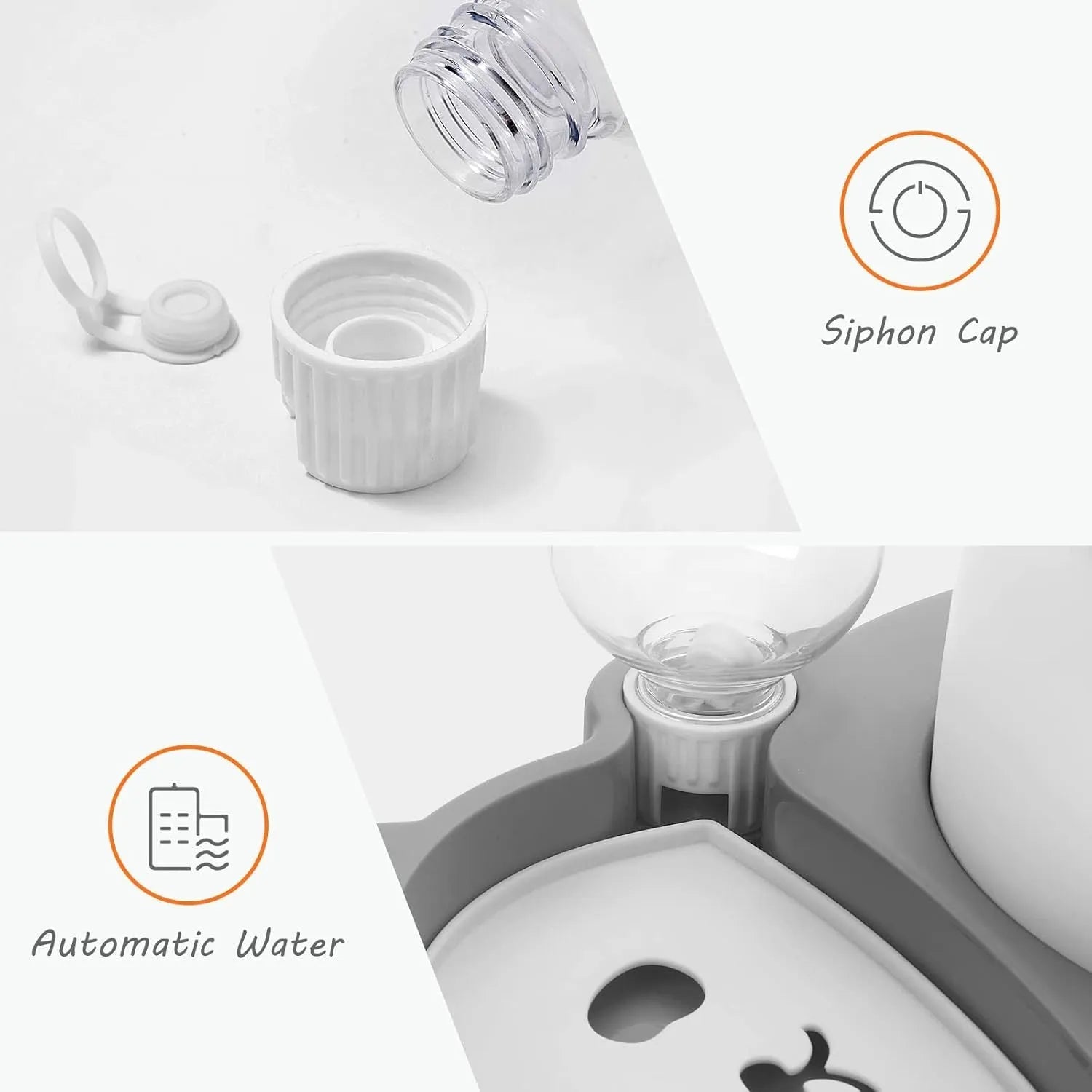 Grey panda-shaped tilted pet bowl set with automatic water bottle and stainless steel bowls