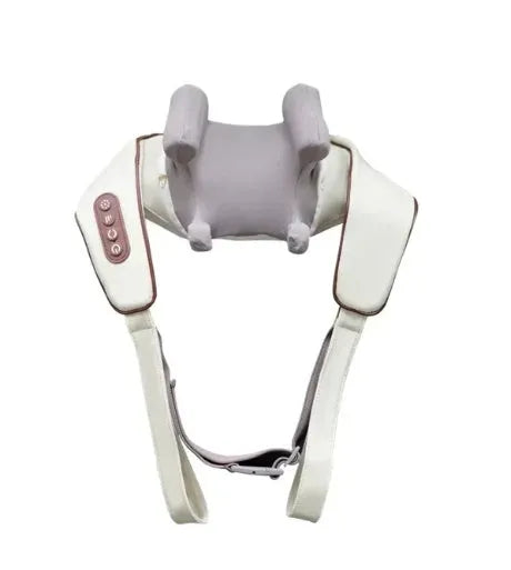 Creamy white rechargeable shoulder and neck massage instrument with USB cable.
