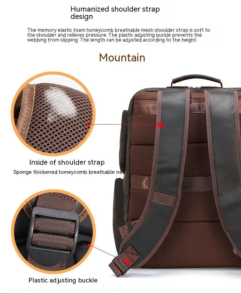 Dark brown retro genuine leather backpack for men, open to show laptop compartment and internal organisers.