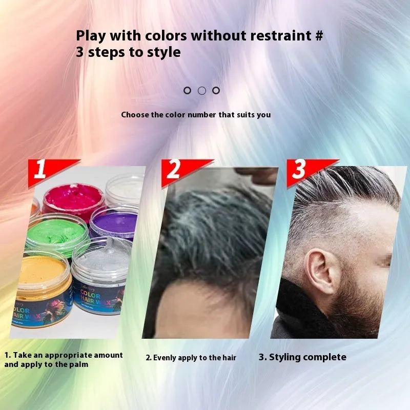 Jar of hair styling clay in one of nine colours: blue, green, purple, red, orange, yellow, white, rose red or granny grey.