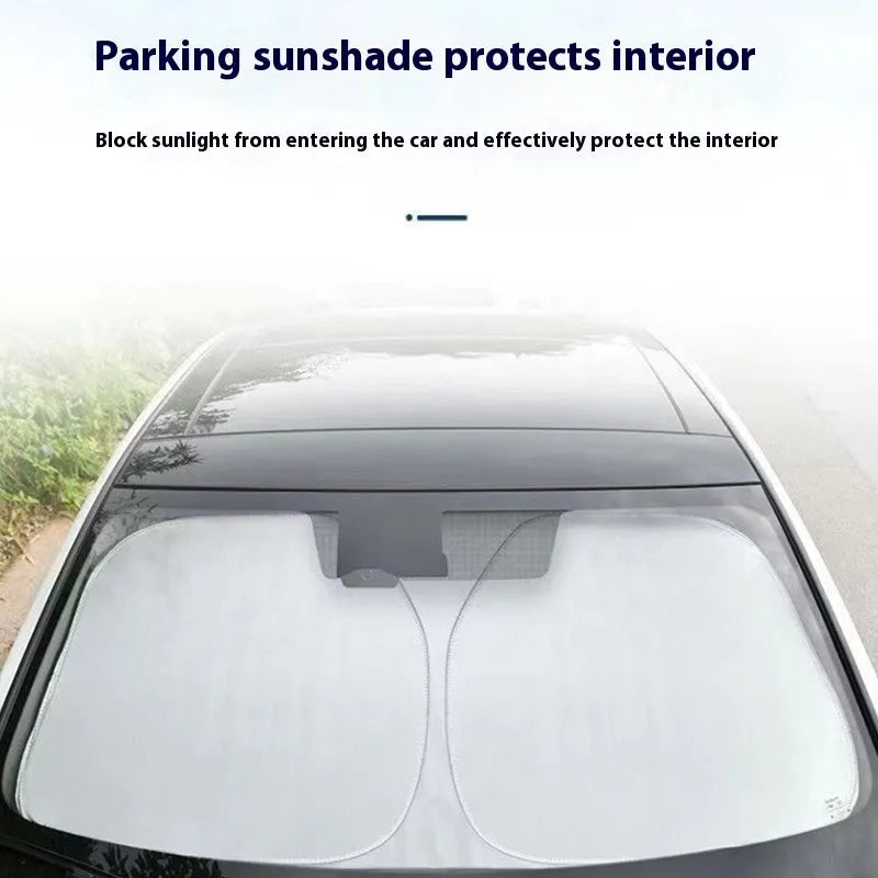 Titanium silver aluminium foil car sunshade for windshield heat and UV protection.