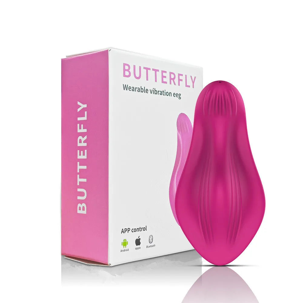 Rose red butterfly-shaped wearable female massager with USB charging port and mobile app control