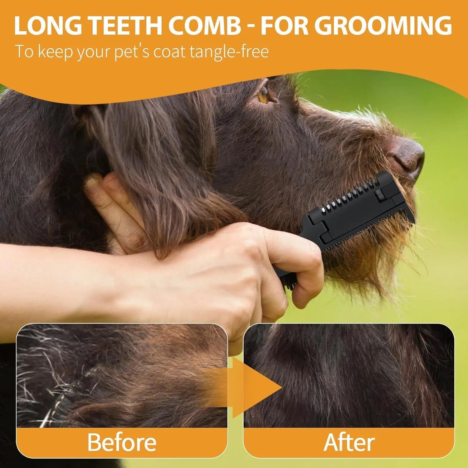 A 2-in-1 razor comb and trimmer for grooming dogs and cats, shown with a pack of 10 replacement blades.