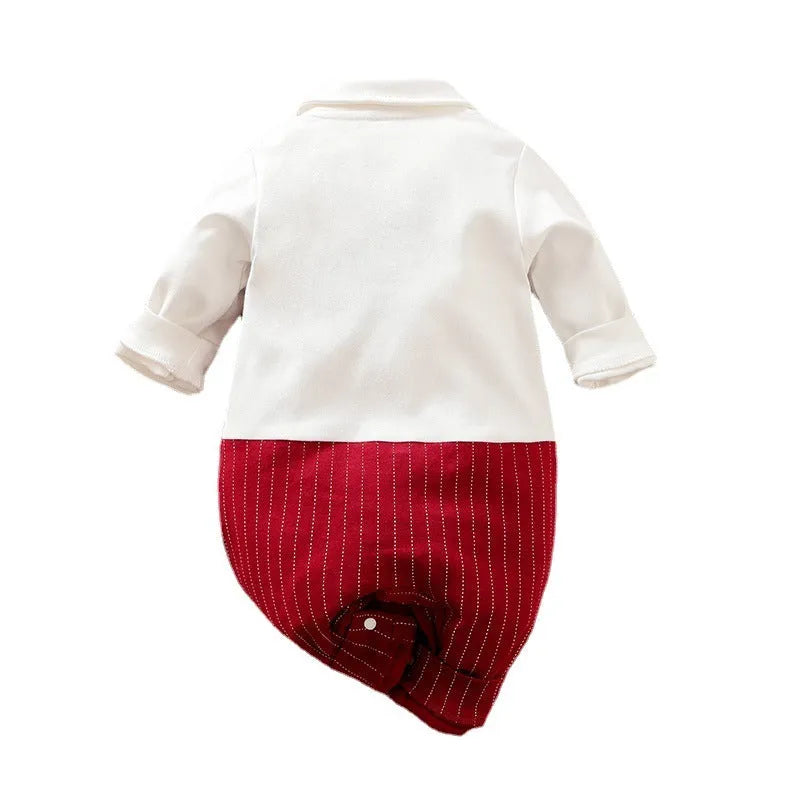 Wine red cotton baby boy romper with long sleeves and single-breast closure, shown in a long climbing style.