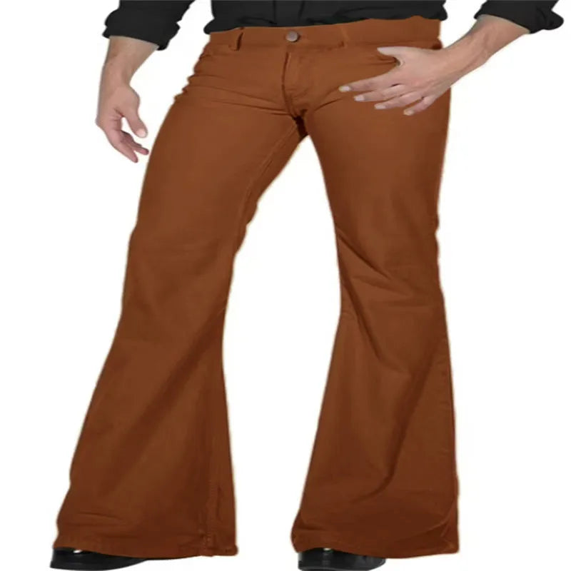 Solid colour high-elasticity polyester bell-bottom trousers, mid waist, zip placket, available in multiple colours including black and white