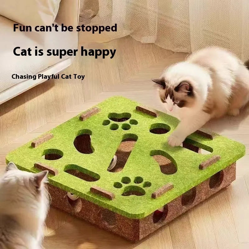 Green brown felt cube cat toy measuring 30cm square with a hole in the centre.